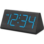 DreamSky Wooden Digital Alarm Clocks for Bedrooms - Electric Desk Clock with Large Numbers, USB Port, Battery Backup Alarm, Adjustable Volume, Dimmer, Snooze, DST, Wood Décor, 12/24H (Blue)