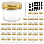 4 oz Clear Glass Jars with Lids (Golden), Betrome 100ml Wide Mouth Mason Jars Round Canning Jars Small Spice Jars for Herb,Jelly,Jams Clear Containers for Kitchen Storage,40 Pack with Labels &1 Pen