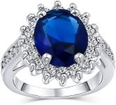 Personalize Classic Traditional 5CTW Royal Blue CZ Crown Halo Oval Cubic Zirconia Simulated Sapphire Engagement for Women Side Stones Promise Ring Silver Plated Customizable