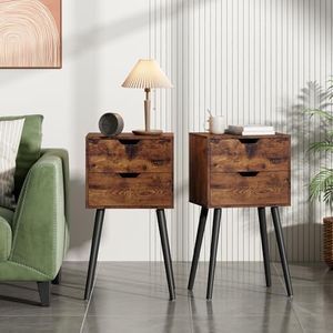 JAXPETY End Tables Set of 2, Night Stand with Drawers, Bedside Tables with Solid Wood Legs and Large Storage Space, End Table, Side Table, for Bedroom,Brown
