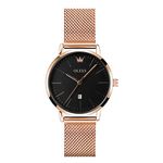 OLEVS Watches for Women Rose Gold Stainless Steel Band Analogue Quartz Women's Wrist Watches Large Face Black Dial Mesh Band Ladies Watches Minimalism Classic Waterproof Women Watches