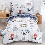 DJY 4 Pieces Cotton Toddler Bedding Set, Dinosaur Cars Reversible Toddler Bed Comforter Set for Kids Boys Girls, Includes Quilted Comforter, Flat Sheet, Fitted Sheet and Pillowcase