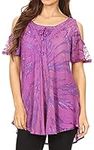 Sakkas 18723 - Filipa Womens Cold Shoulder Top Blouse Tie-dye with Corset and Embroidery - Purple - OSP