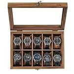 SONGMICS Watch Box, 10-Slot Watch Case, Solid Wood Watch Box Organizer with Large Glass Lid, Watch Display Case with Removable Pillows, Gift for Loved Ones, Rustic Walnut UJOW100K01