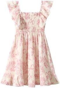 Fdqin Girls Floral Dresses Cute Square Neck A-line Swing Dress Flowy Tie Back Dresses for Spring Summer Pink Floral 5-6 Years
