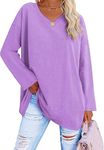 ELFIN Women's Basic Long Sleeve Oversized T-Shirt V Neck Plain Thin Knitted Tunic Tee Top Purple