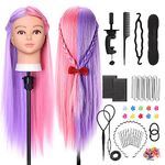 Training Head, Yofuly 26 Inch Hairdressing Head 80% Real Human Hair, Cosmetology Mannequin Head with Table Clamp & DIY Hair Braid Set (Purple+Pink)