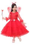 IKONIC FASHION Net Casual Solid Midi Fairy Dress Costume with Wings, Hairband for Girls Kids (Red, 10-11 Years)