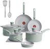 T-Fal Refresh Ceramic Nonstick Cookware Set, Oven Safe Up to 350ºF, 12-Piece, Includes Stockpot, Griddle, Frying Pans, Utensils, Ceramic Pots and Pans Set, Mint Green