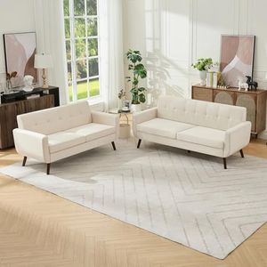 Tbfit Mid Century Modern Sofa Couch, Beige, Loveseat & Standard Sofa