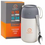 Vacuum Insulated Food Jar. Bowl incl. Folding Spoon, Cup. Wide Mouth Keep Hot & Cold Drinks Soup Lunch Container for Adults. BPA-Free Stainless Steel, Leak Proof (Cream, 24oz)