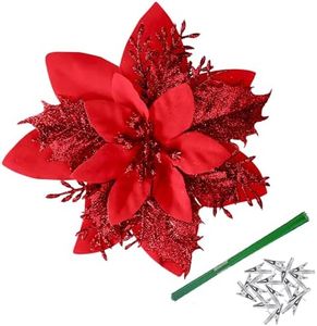 Bafenli 15 Piezas 14CM Flores de Navidad Parpadeo Poinsettia Flores Artificiales Árbol de Navidad Adornos con Clips Tallos para Bricolaje Guirnalda Fiesta Casa Vacaciones Decoración - Rojo