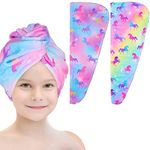 Basumee 2 Pack Microfibre Hair Towel Wrap for Kids Rapid Drying Hair Towel with Button Girls Hair Turbans for Wet Hair Wraps for Women