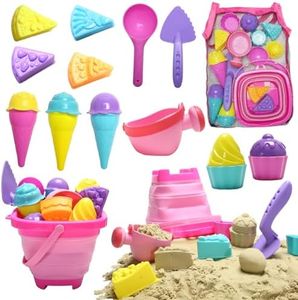 Collapsible Beach Toys for Kids,Collapsible Ice Cream Sand Toys for Girls,Sand Bucket and Shovels Set with Mesh Bag & Sand Molds, Ice Cream Travel Sand Toys for Beach for Toddlers Kids Age 3-6