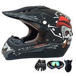 Motocross Helmet, Kids &Youth Trend Skull Full Face Protective Helmet,ATV Motorcycle Helmet ,Dirt Bike Downhill Off-Road Mountain Bike Helmet,DOT Certified,4-Piece Set ,Matte Black,S