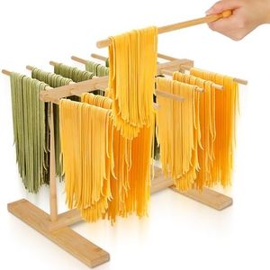 ​​CycForge Bamboo Pasta Drying Rack with 14 Rods & Transfer Wand - Large Capacity Collapsible Stand for Fresh Homemade Spaghetti, Foldable Space Saving Storage​​
