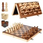 Magnetic Wooden Chess Board Set for Adults Kids, 15'' Folding Portable Travel Chess Game with 2 Extra Queens for Tournament Professional Beginner