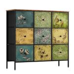 DOVAMY Drawer Dresser with 9 Fabric Drawers, Dresser Storage Organizer for Bedroom,Closet,Nursery,Living Room,Wide Storage Tower Unit with Steel Frame,Chest of Drawer, Wooden Top, Rustic Pattern