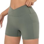 Darkterror Workout Shorts Women Spandex High Crossover Waist Gym Athletic Yoga Running with Pockets, Olive, Medium