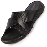 FAUSTO FST KI-505 BLACK-44 Men's Black Genuine Leather Criss Cross Strap Open Toe Suede Leather Insole Slippers (10 UK)