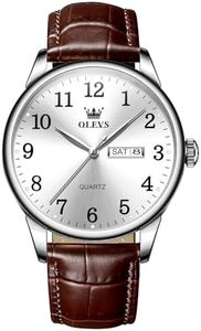 QBAIZI Mens Silver Watch Leather Band,Large Face Day Date Watch for Men White,Arabic Dial Round Business Men Dress Watch Water Resistant,Easy to Read Analog Men's Wrist Watch for Old Men