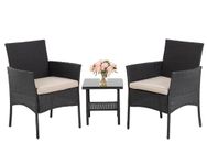 Ruesleag Patio Furniture 3 Pieces Outdoor Wicker Patio Furniture Conversation Set Patio Set Bistro Table Set for Backyard Porch Garden Balcony Lawn,Glass Coffee Table &RattanChairs Set,Black