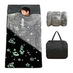 Kids Sleeping Bag for Boys Girls Glow in The Dark Grey Galaxy Stars Rocket Toddler Slumber Bag Shining Luminous Sleepover Bag Nap Mat Preschool Daycare Kindergarten Slumber Sack with Pillow Pocket