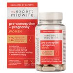 My Expert Midwife Pre-Conception & Pregnancy Women's Supplements, 12 Essential Prenatal Vitamins & Minerals, Including 400μg Natural Folic Acid from Folate, 10μg Vitamin D, 60 Capsules, Vegan