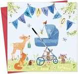 Twizler New Baby Boy Card with Blue Pram, Bunting and Woodland Animals - New Baby Card Boy - Newborn Essentials - Congratulations Card - Cute Card - New Baby Gifts - New Baby Boy Gifts