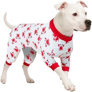 LovinPet Dog Sweatshirts for Large Dogs, Anxiety Calming Dog Pajamas, Light Blue Stripe Whale, Crab Print, Onesies for Dogs, Pitbull Clothes,Pajamas for Pitbulls, XL