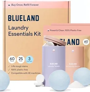 BLUELAND Laundry Essentials Kit, Fragrance Free & Clear - Plastic-Free Laundry Detergent Tablets, Oxi Booster, and Reuseable Natural Wool Dryer Balls