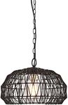 Novogratz x Globe 44759 1-Light Outdoor Plug-in Pendant Light, Black Woven Fabric Shade, Matte Black, Designer Black Fabric Hanging Cord, E26 Base Socket, Kitchen Island, Café, Ceiling Hanging Light