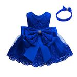 Baby Girl Baptism Christening Dress Bowknot Lace Floral Embroidery Formal Party Birthday Pageant Wedding Bridesmaid Tutu Princess Christmas Evening Gown with Headband Outfit Royal Blue 6-9 Months