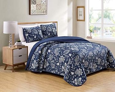 Luxury Home Collection 3 Piece King/California King Quilted Reversible Coverlet Bedspread Set Floral Printed Navy Blue White Gray