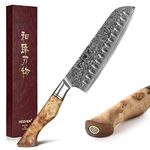 HEZHEN 7” Santoku Knife, Damascus Steel Chef Knife, Asian Kitchen Knife Japanese Style, Figured Sycamore Wood Handle