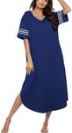 Ekouaer Long Nightgown, Womens V Neck Loungewear Oversized Sleepwear Loose Sleep Dress S-4XL Deep Blue