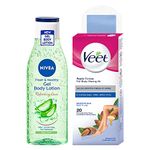 NIVEA Aloe Vera Gel Body lotion, Refreshing Care for 24H hydration, Non-Sticky & fast absorbing Body lotion for fresh and healthy skin, 200 ml + Veet Full Body Waxing Kit - Sensitive Skin (20 strips)