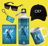 THEWHOOP Printed Cristiano Ronaldo Gift Combo Pack of Mug (350ml), Sipper Bottle (750ml),Keychain,Sunglass,Cap, Greeting Card, Birthday Gift Set for Cristiano Ronaldo Fans (Pack of 6) (Green)
