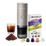 Caramelly Fikapresso Pro Portable Electric Travel Espresso Maker, Built-in-heating, USB-C Rechargeable, 20-Bar Pressure Mini Coffee Machine for Grounds & Coffee Pods, Free Discovery Pack (10 Capsules)