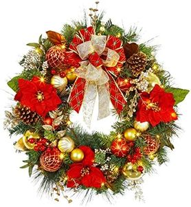 Fashionwu 30 Inch Pre-lit Christmas Wreath for Front Door Outside, Outdoor Large Lighted Christmas Wreath with 40 LED Lights and Red Ornaments, Wreaths for Christmas Home Holiday Decor