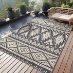 OLANLY Outdoor Rug Waterproof 4x6 ft, Reversible Outdoor Plastic Straw Rug, Boho Patio Rug, Indoor Outdoor Carpet, RV Mat Outside for Patio, Camp, Picnic, Balcony, Deck, Backyard, Black & Beige