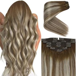 Sunny Hair Clip in Hair Extensions Human Hair Remy Human Hair Clip in Extensions Straight Hair Extensions for Women Clip in 20inch Medium Brown Balayage Platinum Blonde