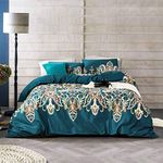 YuHeGuoJi Paisley Duvet Cover Queen 100% Egyptian Cotton Teal Damask Duvet Cover Set 3 Pieces 1 Vintage Boho Duvet Cover with Zipper Ties 2 Pillowcases Retro Bohemian Bedding Set Soft