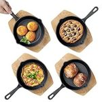 Mini Cast Iron Skillet with Wooden Base (Set of 4) - Cast Iron Frying Pan Mini Skillet with Protective Wood Base - Heavy Duty Metal Skillet Weighing 426g