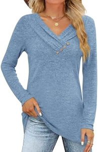 FMEYOA Women's Fall Long Sleeve Tunic Tops for Leggings V Neck Button Casual Blouse Sweatshirt(Blue,Medium)