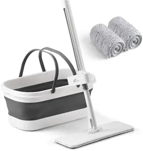 oshang Flat Mop and Bucket OG7, Mops for Floor Cleaning, Foldable Bucket with Wheels, Stainless-Steel Handle, 2 Washable & Reusable Microfiber Pads