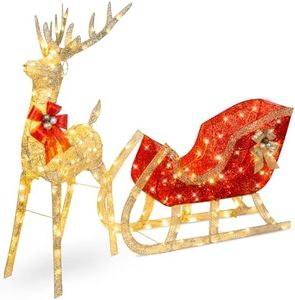 Best Choice Products XL Lighted Christmas 5ft Reindeer & Sleigh Holiday Outdoor Yard Decoration Set w/ 265 LED Lights, Stakes, Zip Ties - Gold