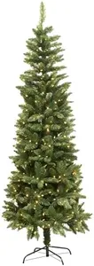 7Ft/2.1m Pre-Lit Green Christmas Tree Slim Tree Pine Narrow Xmas Tree, Pointed Tips, Metal Stand, Warm White LED Lights, Holiday Home Decorations