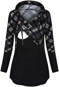 Quinee Thin Hoodies for Women, Ladies Maternity Clothes V Neck Long Sleeve Active Pullover Sweatshirt Thermal Cozy Hooded Shirts Kangaroo Pocket Color Block Tunic Tops for Juniors Black Grey L