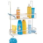 mDesign Extra Wide Metal Over The Bathroom Shower Door Caddy, Hanging Storage Organizer Center with Built-in Hooks and Baskets on 2 Levels for Shampoo, Body Wash, Loofahs - Satin